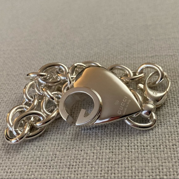 Gucci Sterling Silver Heart Cut-Out G Charm Logo Chain Bracelet 8” New Box $590 - Picture 5 of 15